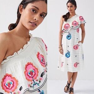 Anthro Plenty by Tracy Reese Floral Embroidered One-Shoulder Midi Dress White S